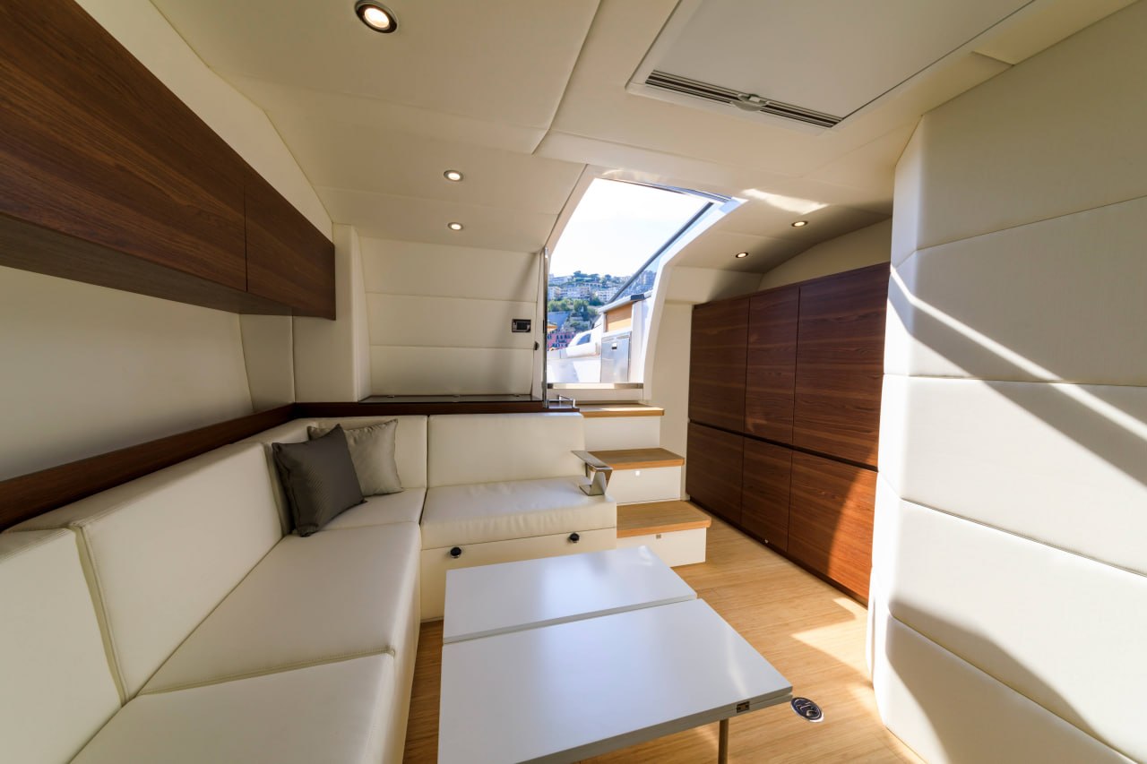 Cream marine vinyl yacht cabin lounge upholstery