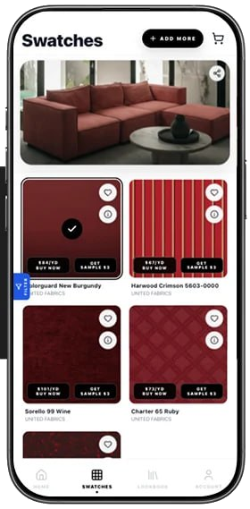 SwatchFLO mobile app swatches screen showing fabric previews on furniture